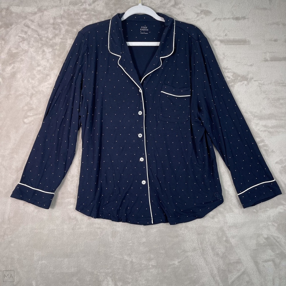 Cozy Earth Women's Pajama Top Long Sleeve Polka Dot Bamboo Sleepwear L Blue